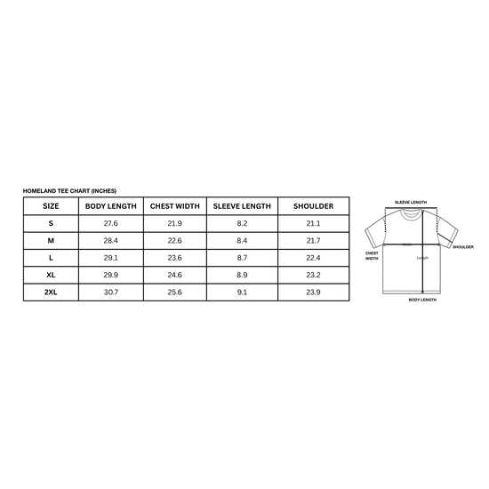 T-shirt size chart with measurements on a white background