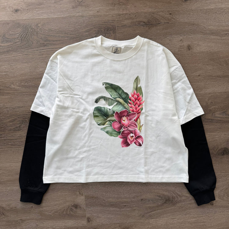 Orchid Art - LONG SLEEVE (WHITE TEE/BLACK SLEEVES)