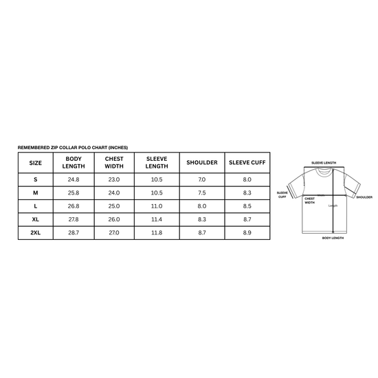 A size chart and measurement diagram for a zip collar polo shirt, showing body length, chest width, sleeve length, shoulder, and sleeve cuff measurements in inches for sizes S, M, L, and 2XL.