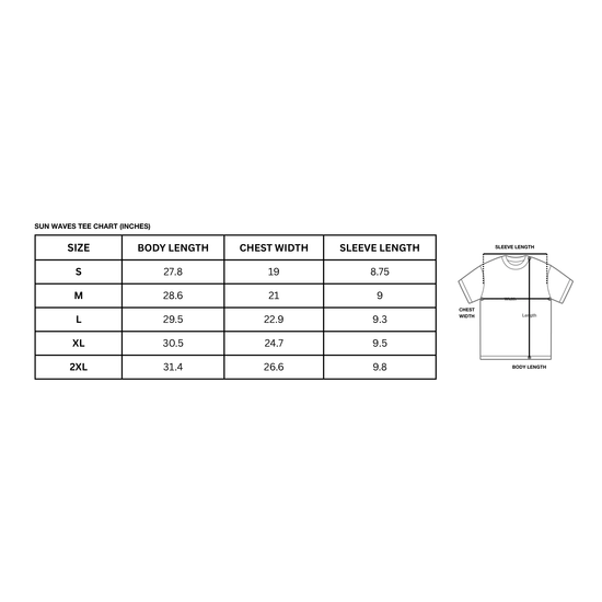 Size chart for Sun Waves t-shirts with measurements in inches.