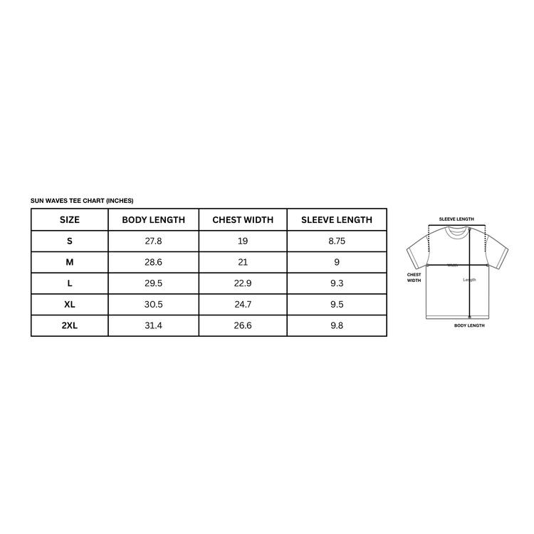Size chart for Sun Waves t-shirts with measurements in inches.